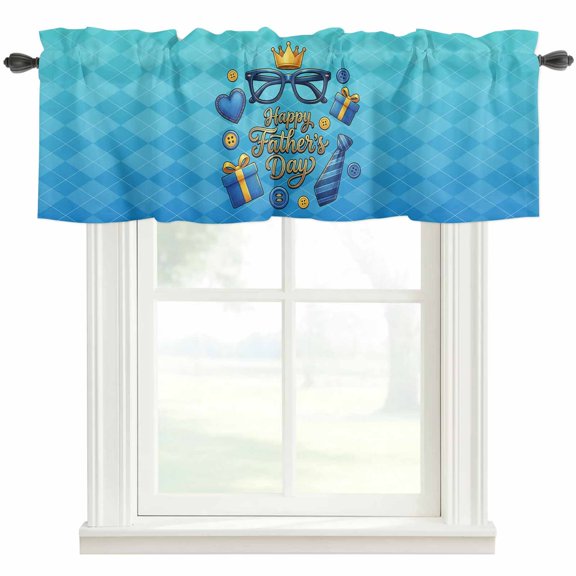 Happy Father's Day Valances for Windows Blue Glass Belts Button Rustic Diamond Texture Rod Pocket Curtain Valance Window Treatment Short Curtains for Kitchen Living Room, 42"x18"