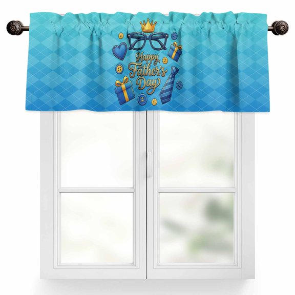 Happy Father's Day Valances for Windows Blue Glass Belts Button Rustic Diamond Texture Valance Curtains Rod Pocket Bathroom Small Window Treatments for Kitchen Living Room Bedroom, 42"x12"