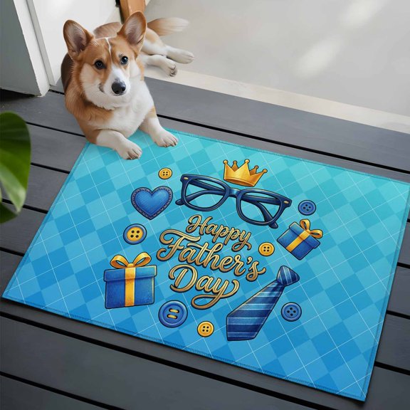Happy Father's Day Washable Entry Rug 2x3 Blue Glass Belts Button Rustic Diamond Texture Low Pile Indoor Door Mat with Rubber Backing Thin Area Rug for for Entrance, Bedroom, Kitchen, Bathroom