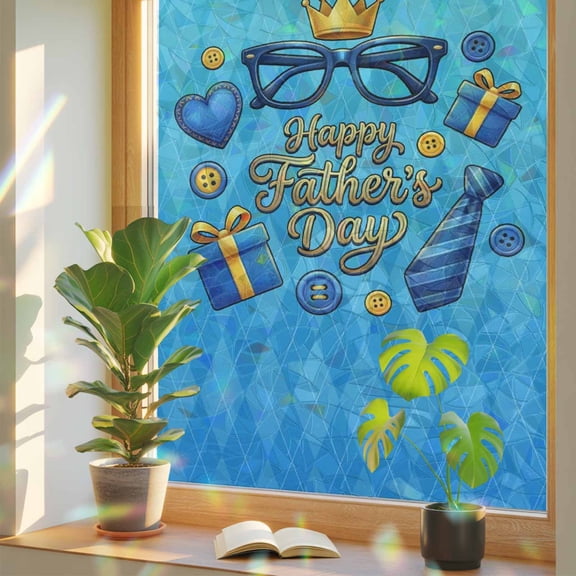 Happy Father's Day Window Privacy Film, Blue Glass Belts Button Rustic Diamond Texture Stained Glass Rainbow Film Decorative Window Clings, Static Cling Sun Blocking Stickers 29.5" x 118"