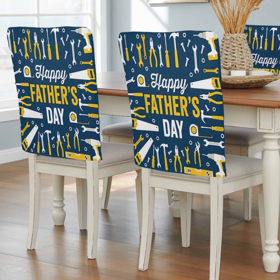 Happy Father's Day Words Chair Covers Set of 8 Workshop Equipment Hand Tools Chair Back Covers Stretch Removable Washable Slipcovers Protector for Dining Room Kitchen Party Decor