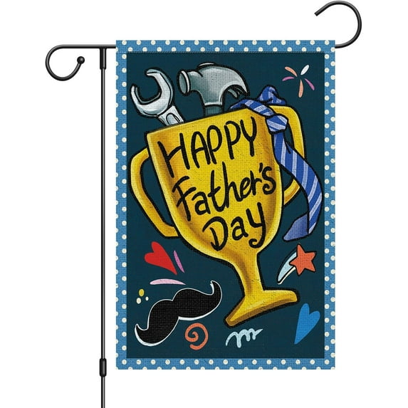 Happy Fathers Day Garden Flag 12.5x18 Double Sided Burlap Trophy Small Seasonal Yard Outdoor Flag for Father''s Day Decorations