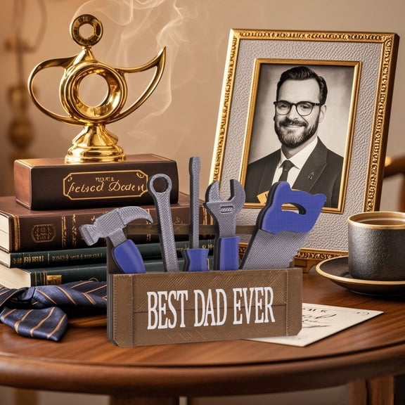 Happy Fathers Day Table Decoration Wooden Best Dad Ever Sign, Tabletop Centerpiece Desk Shelf Home Office Decor, Father's Day Birthday Gift for Dad