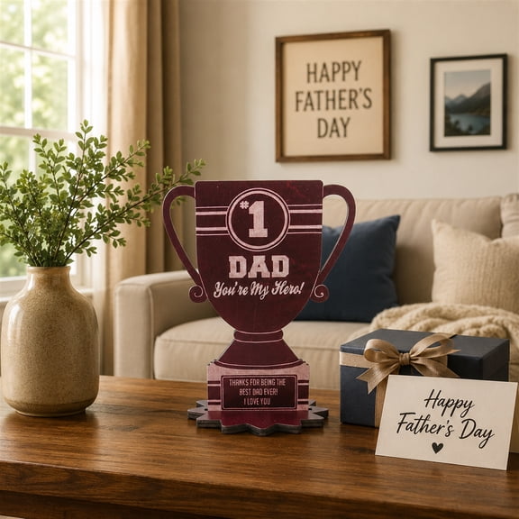 Father's Day Wooden Trophy Sign, Tabletop Decor for Dad, Happy Father's Day Centerpiece, Rustic Birthday Gift for Father, Home Office Shelf Decoration