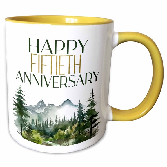 3drose, Happy Fiftieth Anniversary Forest Scene, 11oz Two-tone Yellow Mug