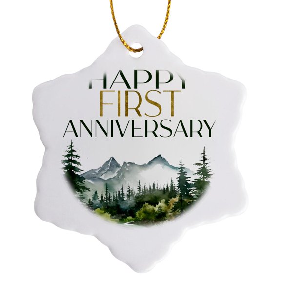 3drose, Happy First Anniversary Forest Scene, 3 inch Snowflake Porcelain Ornament