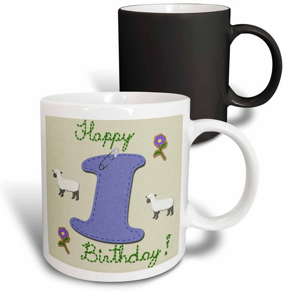 3drose, Happy First Birthday. Digital Scrapbook Design for Boys Features a Blue Felt Looking Number One.., 11oz Magic Transforming Mug