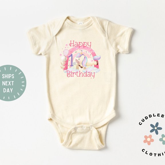Happy First Birthday Unicorn Girl Baby Bodysuit, One Year Birthday , Cake Smash Outfit, 1 year old girl, Gift Baby Girl