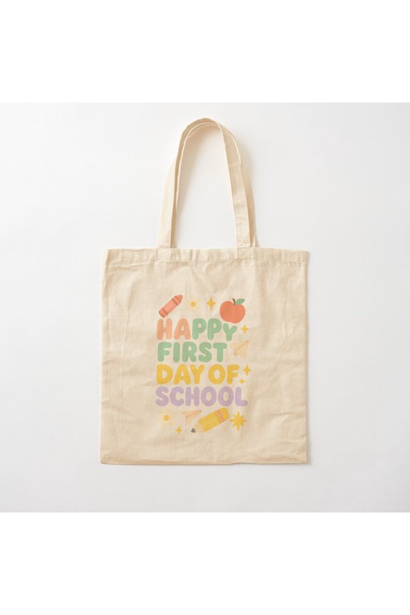 Happy First Day Of School Cute Pastel Doodles Canvas Canvas Tote Bags, Reusable Shopping Bag