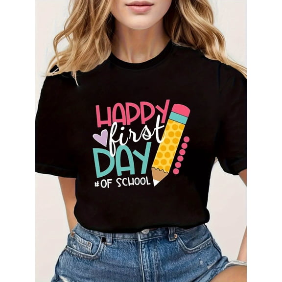 Happy First Day Of School Pencil Heart Print Crew Neck Short Sleeve Casual T-Shirt