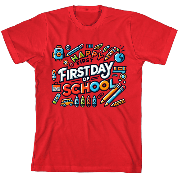 Happy First Day of School Adult Red Crew Neck Short Sleeve Tee-XS