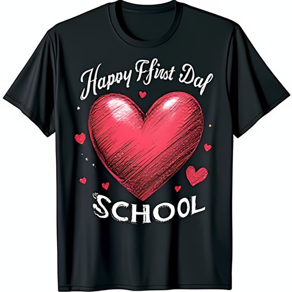 Happy First Day of School Black T-Shirt with Heart Graphic & Cute Design