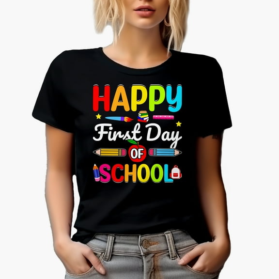 Happy First Day of School, Teacher, Black T-Shirt, Small
