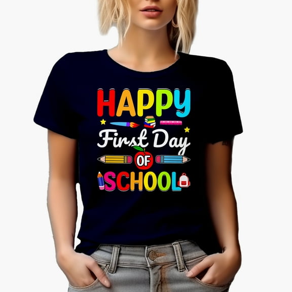 Happy First Day of School, Teacher, Navy Blue T-Shirt, Small