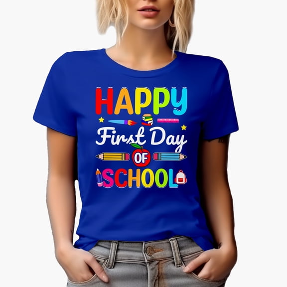 Happy First Day of School, Teacher, Royal Blue T-Shirt, Large