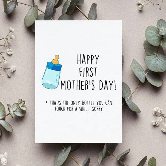 Happy First Mother's Day Greeting Card for New Mom, Funny Baby Bottle Illustration, First Time Mother Gift