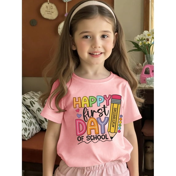 Happy First of School" Graphic Tee for Girls - Casual, Loose-Fitting, 100% Cotton T-Shirt with Colorful Pencil Design, Perfect for Summer, School Uniform Tee | Playful Print Top