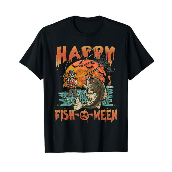 Happy Fish-o-ween Funny Fishing Gift Halloween Fishing Crew Neck Black T-Shirt