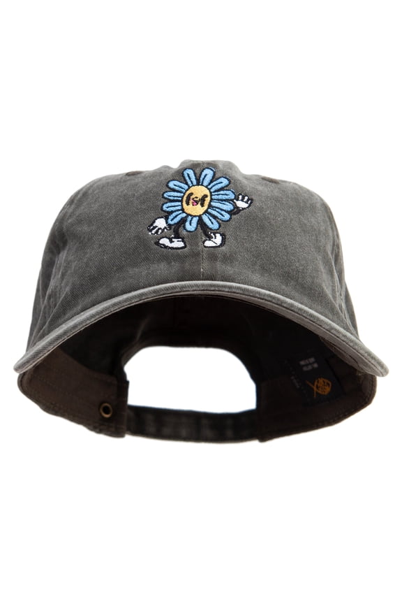 Happy Flower Character Embroidered Unstructured Pigment Dyed Cotton Cap - Black OSFM