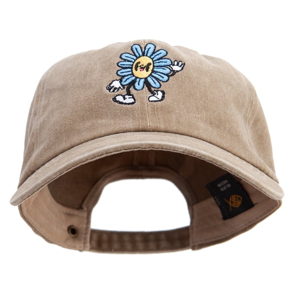 Happy Flower Character Embroidered Unstructured Pigment Dyed Cotton Cap - Dk Beige OSFM