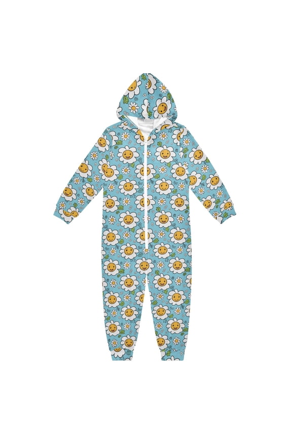 Happy Flower Pattern One Piece Pajamas Soft Jumpsuit Cozy Sleep and Play Romper Zipper and Pockets 7T-8T