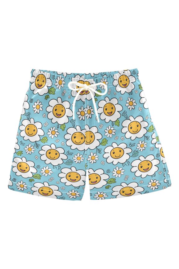 Happy Flower Pattern Swim Trunks Quick Dry Beach Pool Board Shorts Lightweight Stylish Print Sizes 2T to XL