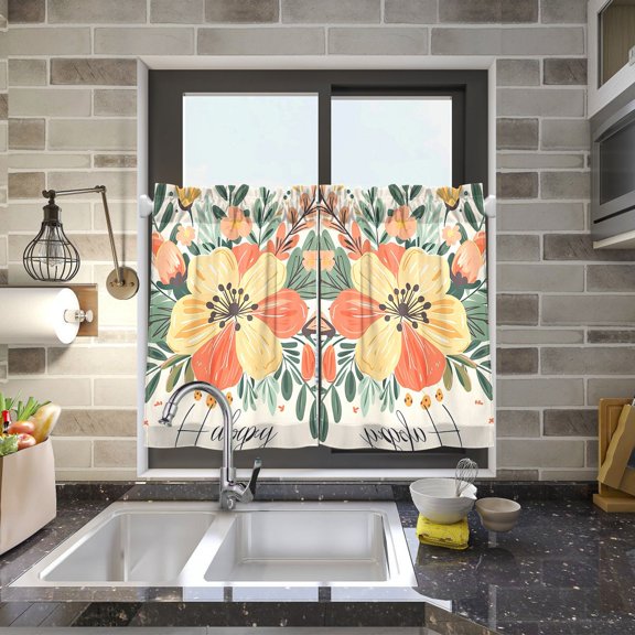 Happy Flowers Kitchen Curtains Half Tier Curtain 2 Rod Pockets Bathroom Bedroom Cupborad Living Room 27"x24"