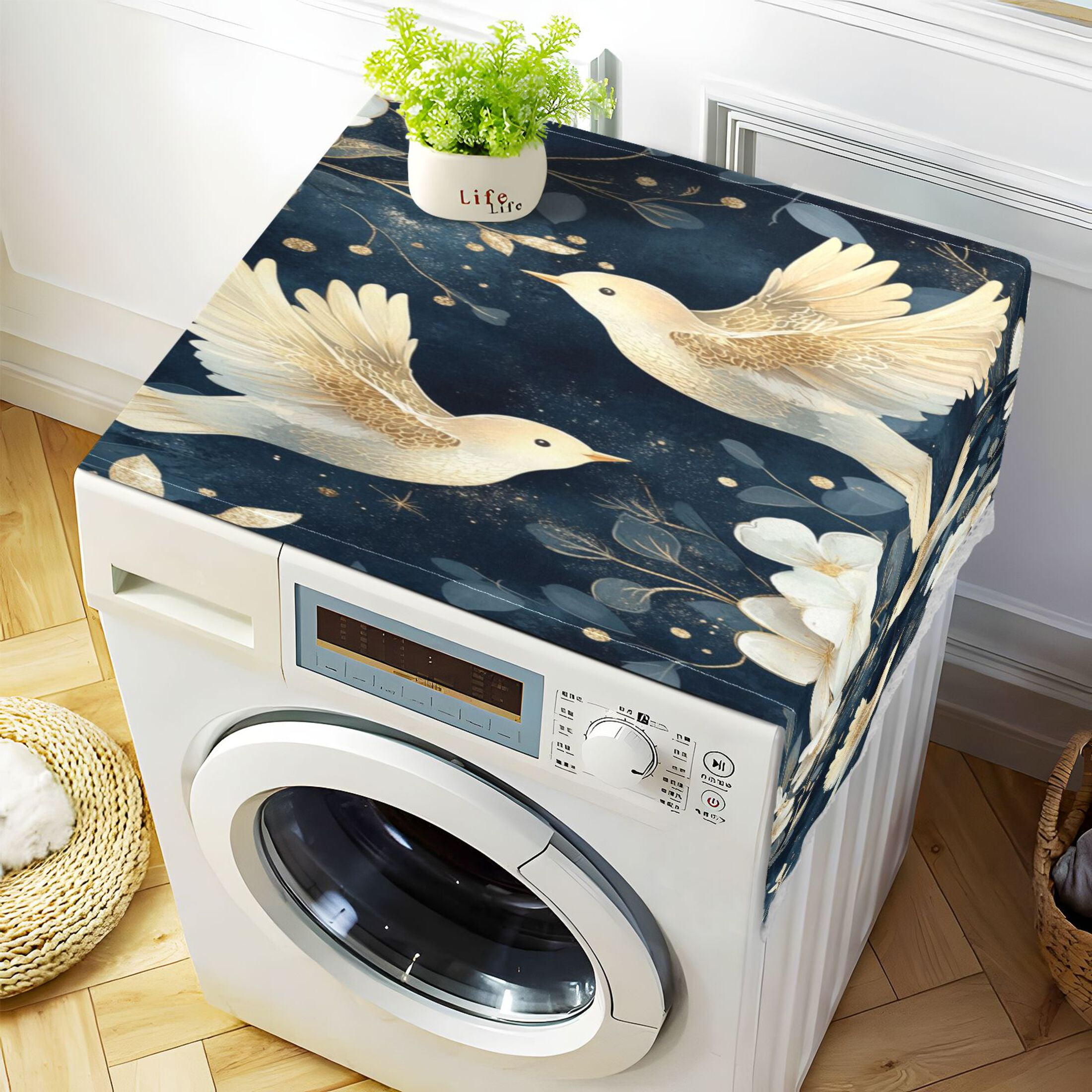 Happy Flying BirdsWasher and Dryer Covers Dust-Proof and Oil Resistant Fridge Cover with 4 Storage Pockets Washing Machine Top Cover for Laundry Kitchen Home 51.2 x 22 In