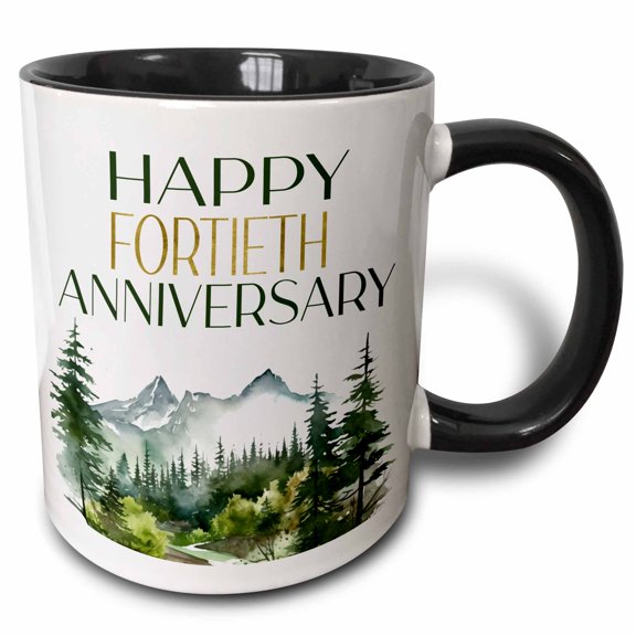 3drose, Happy Fourtieth Anniversary Forest Scene, 11oz Two-tone Black Mug