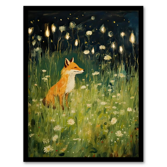 Happy Fox in White Flower Meadow at Night Oil Painting Orange Green Spring Field Kids Bedroom Art Print Framed Poster Wall Decor 12x16 inch