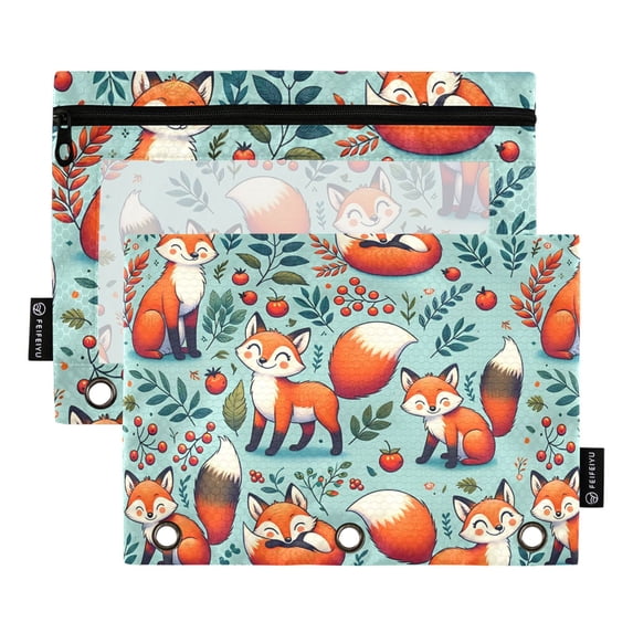 Happy Foxes Leaf Berry 2 Pack Pencil Pouch for 3 Ring Binder Smooth Zipper Folders with Pockets Clear Window Pencil Case
