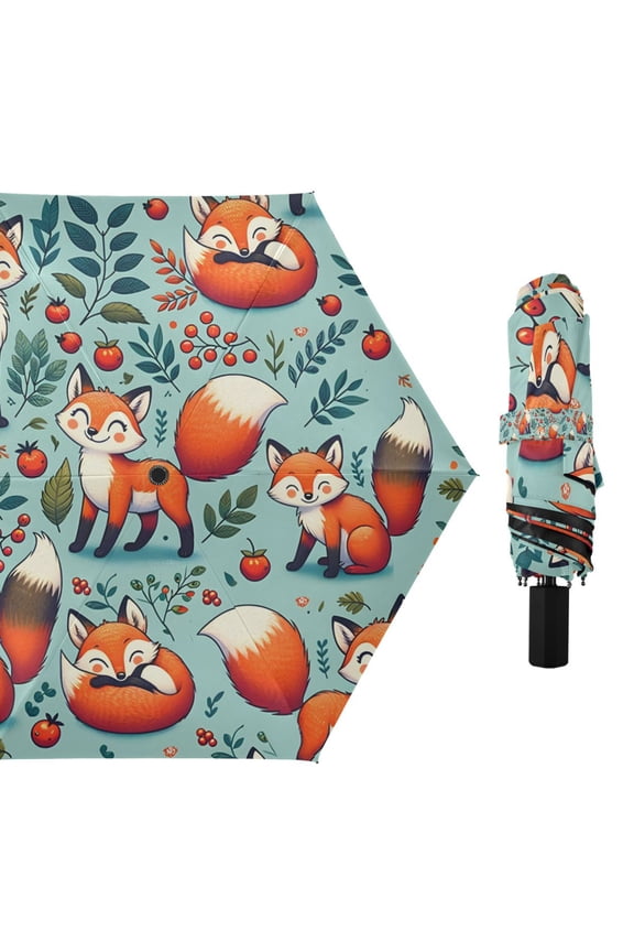 Happy Foxes Leaf Berry Compact Sun Umbrella Windproof Travel Umbrellas for Rain Strong Portable UV Protection