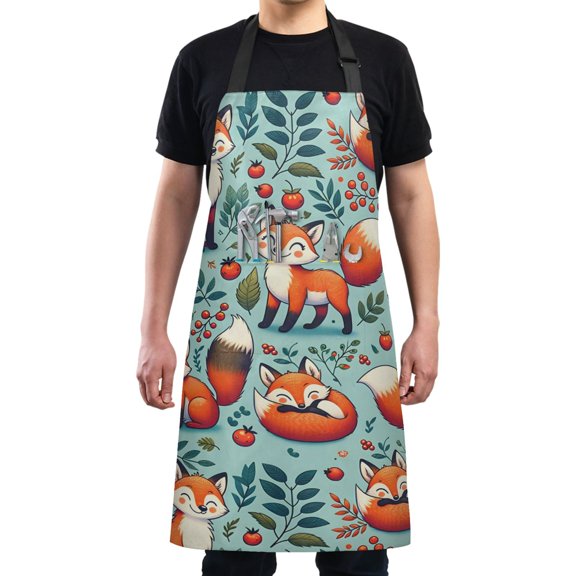 Happy Foxes Leaf Berry Kitchen Apron with 2 Pockets Adjustable waterproof Cooking Aprons for Women Men Chef
