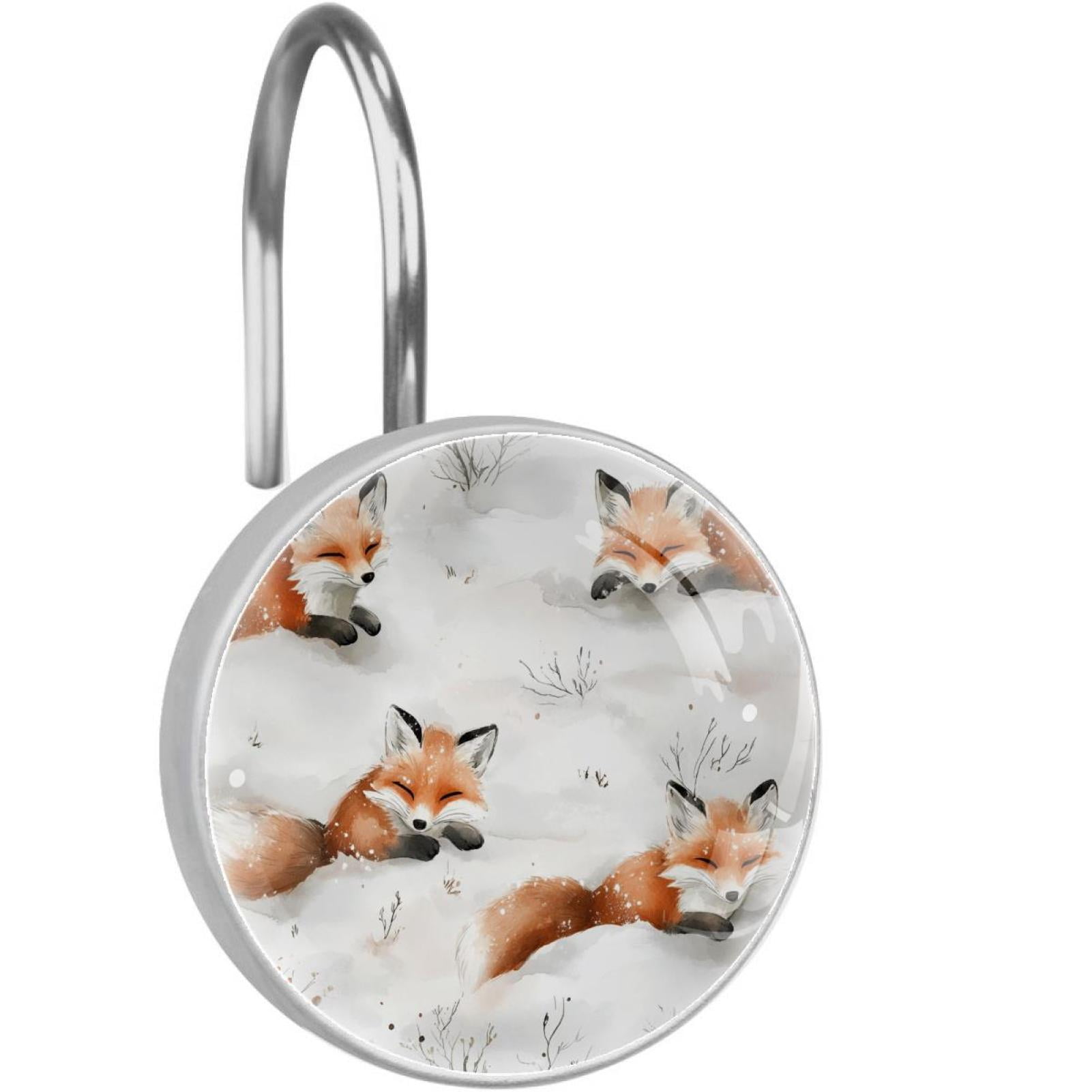 Happy Foxes Plays on Snow Shower Curtain Hooks Round Crystal Glass, Set of 12 Shower Curtain Rings - Shower Hooks for Curtain Shower Rings