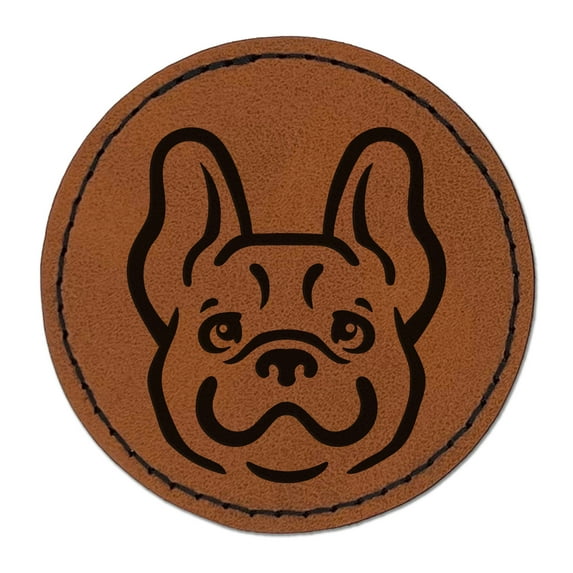Happy French Bulldog Frenchie Dog Head 2.5" Faux Leather Round Engraved Iron-On Patch - Brown