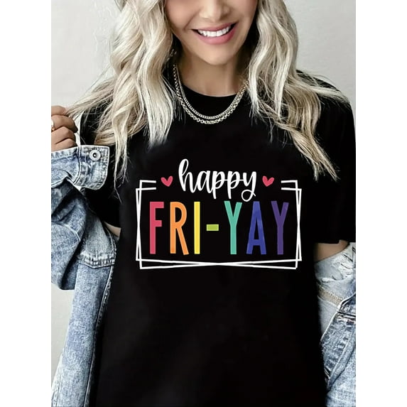 Happy Fri-Yay Print Short Sleeve Shirts for Women Black One-Piece
