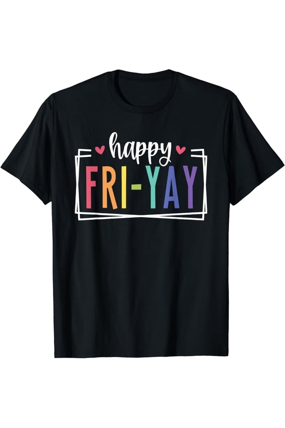 Happy Fri-yay Colorful Rainbow Graphic T-Shirt Retro Weekend Vibes Casual Short Sleeve Tee for Men and Women