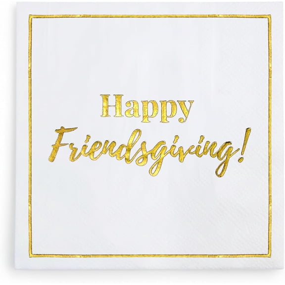 Happy Friendsgiving Cocktail Napkins, 50 Pack, White and Gold Thanksgiving Party Decorations, Great for Dinners, Beverages, Dessert, Appetizers