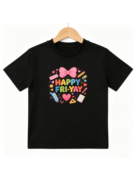 Happy Friyay Pencil Bow Girls Graphic Tee, School Friday Fun 100% Cotton Kids Short Sleeve T-Shirt
