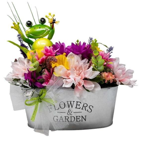 Happy Frog Flowers and Garden Faux Floral Arrangement with Unique Galvanized Planter and Watering Can | Whimsical Mother's Day, Retirement or Birthday Gift