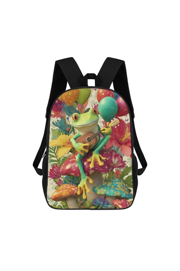 Happy Frog Plays Ukulele Flowers Backpack Backpack Student Backpack Cartoon Canvas Backpack
