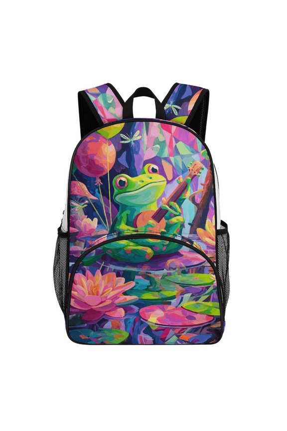 Happy Frog Plays Ukulele Pond Teenage Backpack Middle Students Bookbag Outdoor Daypack