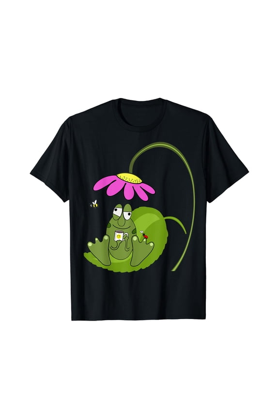Happy Frog with Coffee with Ladybug and Bee Friends Cartoon T-Shirt