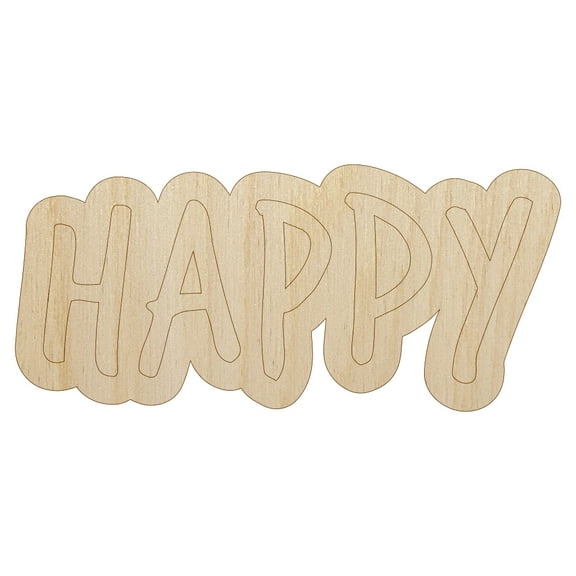 Happy Fun Text Wood Shape Unfinished Piece Cutout Craft DIY Projects - 4.70 Inch Size - 1/8 Inch Thick
