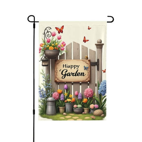 Happy Garden Spring Summer Garden Flag 12x18 Inch， Double Sided Floral Butterfly Yard Flag， Outdoor Decoration For House， Yard， Lawn， Patio