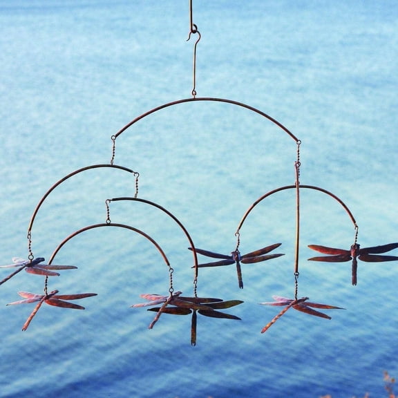 Happy Gardens Dragonflies Hanging Mobile, Handcrafted Flamed Steel Garden Ornament with 7 Dragonflies for Patio and Outdoor Decor