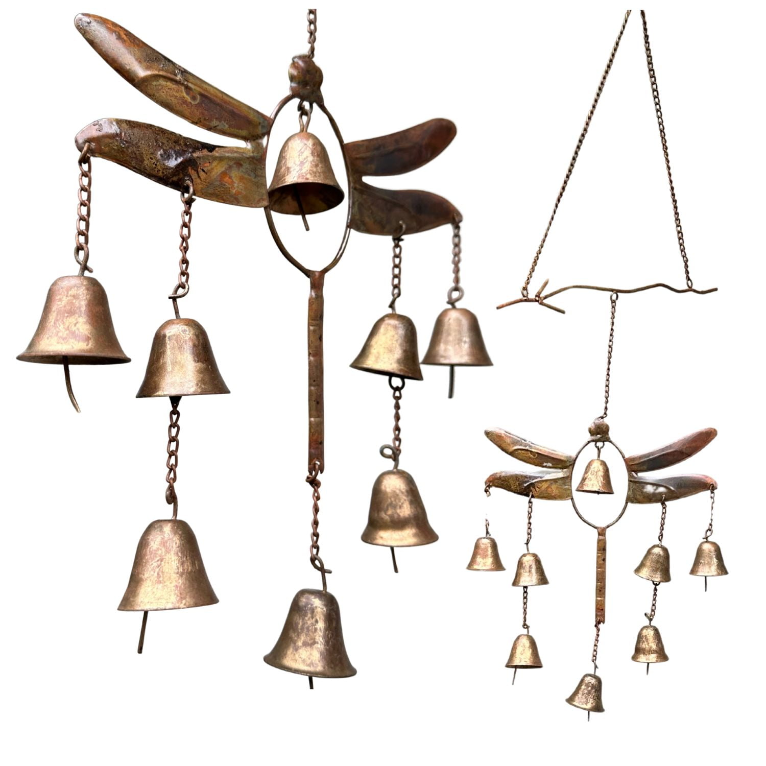 Happy Gardens Handcrafted Dragonfly Steel Wind Chimes with 8 Bells (Flamed Finish) Outdoor Metal Hook Hanging Decor for Outside Back Yard