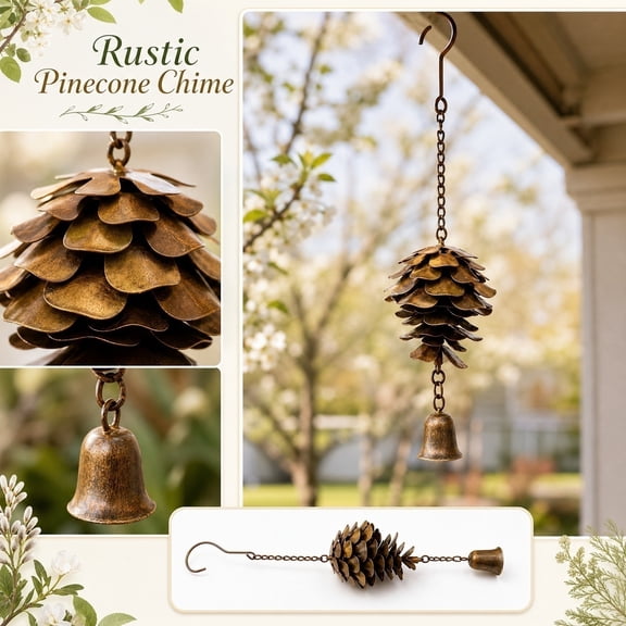 Happy Gardens Pine Cone Ornament with Bells | Bronze Metal Fall Wind Chimes, Pine Cones Decorations | Decorative Hanging Ornaments and Garden Decor