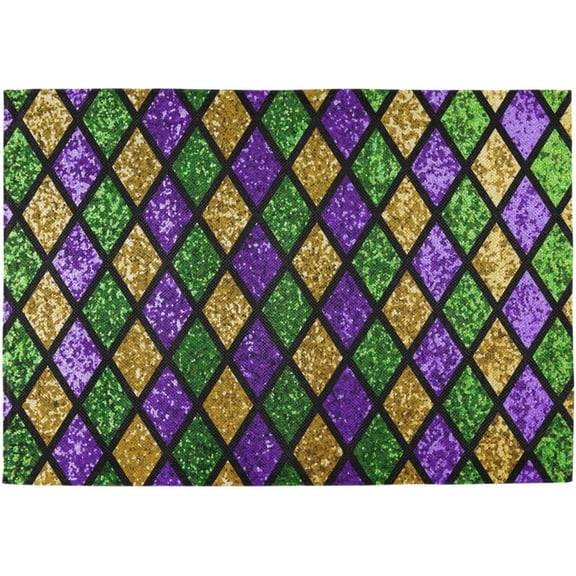 Happy Gardi Gras Placemats Set of 4 Gold Purple Green Fleur de Lis Mask Beads Confetti Feather Masquerade Party Table mats Burlap Place Kitchen Mat Dining Room Decoration 12" x 18" Washable Fast Dry