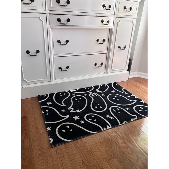 Happy Ghost Mat Halloween Ghost Rug Area Rugs Spooky Rug Cute Halloween Rug Doormat Black and White Ghost Rug Kitchen Rug Bath Mat